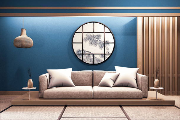Nowoczesne ciemnoniebieskie japońskie wnętrze pokoju z drewnianą niską sofą na  - Zdjęcie, obraz