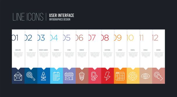 Infografik-Design mit 12 Optionen. Strichlinien-Symbole wie re - Vektor, Bild
