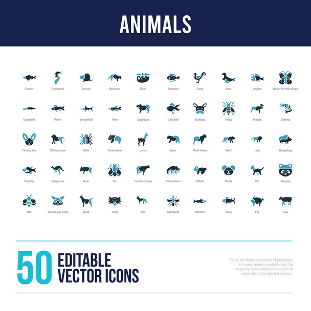 50 Tiere füllten Ikonen - Vektor, Bild