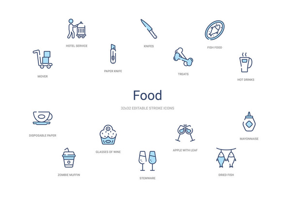 Gıda konsepti 14 renkli taslak simgeleri. 2 renk mavi vuruş simgesi - Vektör, Görsel