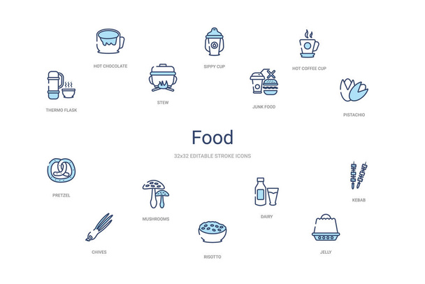 food concept 14 colorful outline icons. 2 color blue stroke icon - Vector, Image