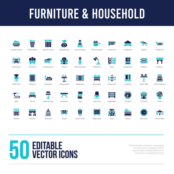 50 mobilya & ev konsepti simgeleri doldurdu - Vektör, Görsel