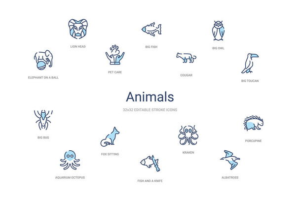 animals concept 14 colorful outline icons. 2 color blue stroke i - Vector, Image