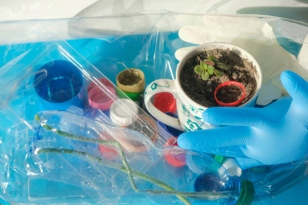 Grünpflanzen, Einmalhandschuhe, Plastikmüll auf engstem Raum im Zellophanbeutel. das Konzept der menschlichen Gleichgültigkeit gegenüber der Umwelt. - Foto, Bild