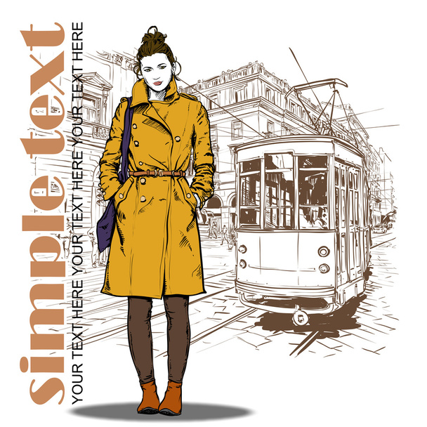 Fashion girl and old tram - Vector, Image