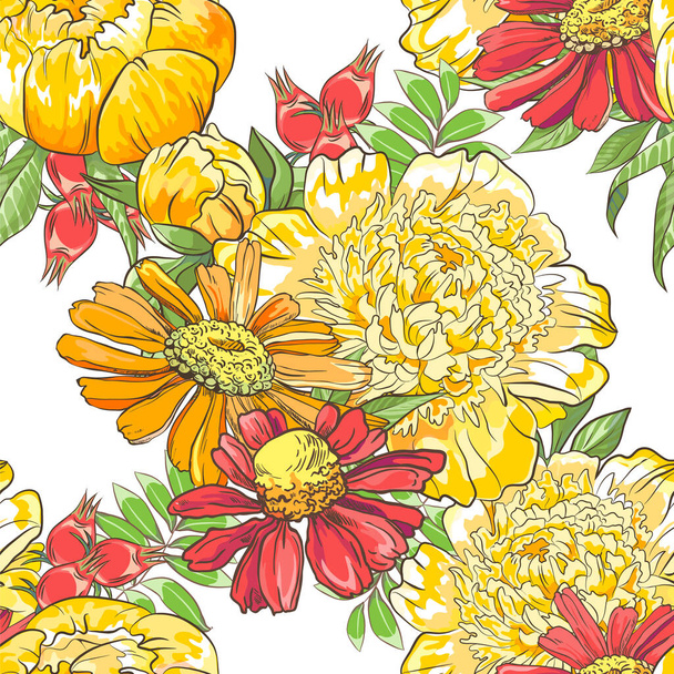 Seamless border pattern with sketch colorful blossoms. Background with peony, chamomile and berries and leaves. - Vettoriali, immagini