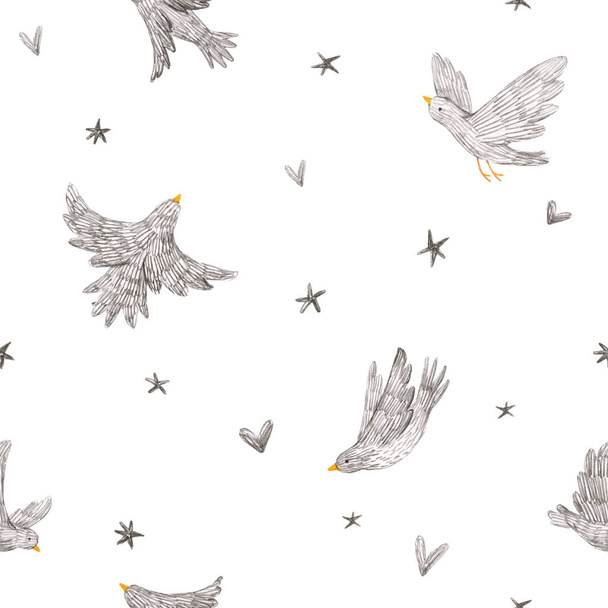 Beautiful seamless pattern with cute hand drawn monochrome grey birds and stars. Baby stock illustration. - Foto, afbeelding