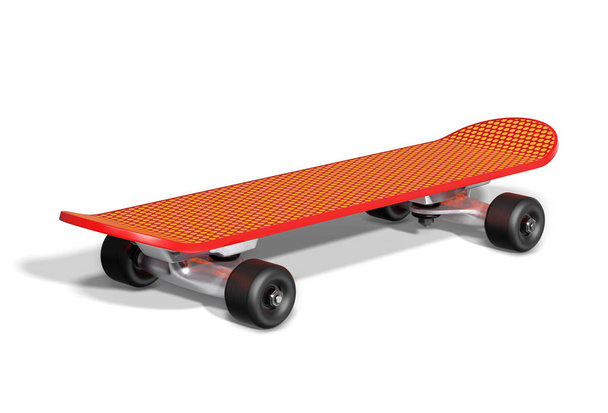 Orangefarbenes Skateboard auf weißem Hintergrund. 3D-Darstellung - Foto, Bild