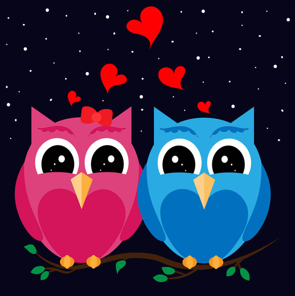 owls in love on a night branch - Vector, Image