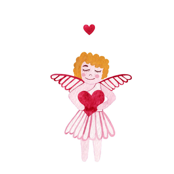 Tarjeta acuarela con Cupido y corazones aislados sobre fondo blanco
 - Foto, imagen