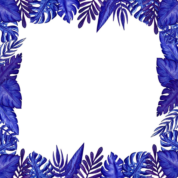 Watercolor blue exotic leaves painting. Hand painted exotic leaves illustration for summer design. - Zdjęcie, obraz