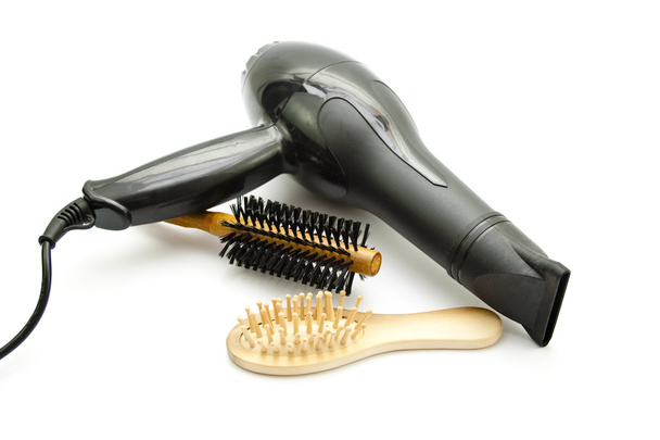 Secador de cabelo com escova de cabelo de madeira e escova de cabelo plástica
 - Foto, Imagem