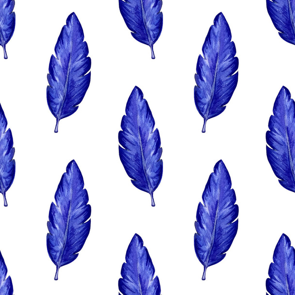 Watercolor blue exotic leaves seamless pattern. Hand painted exotic leaves illustration for summer design. - Фото, изображение