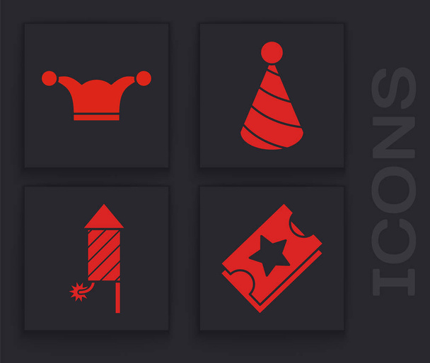 Set Ticket, Jester hat with bells, Party hat and Firework rocket icon. Vector - Vektor, kép
