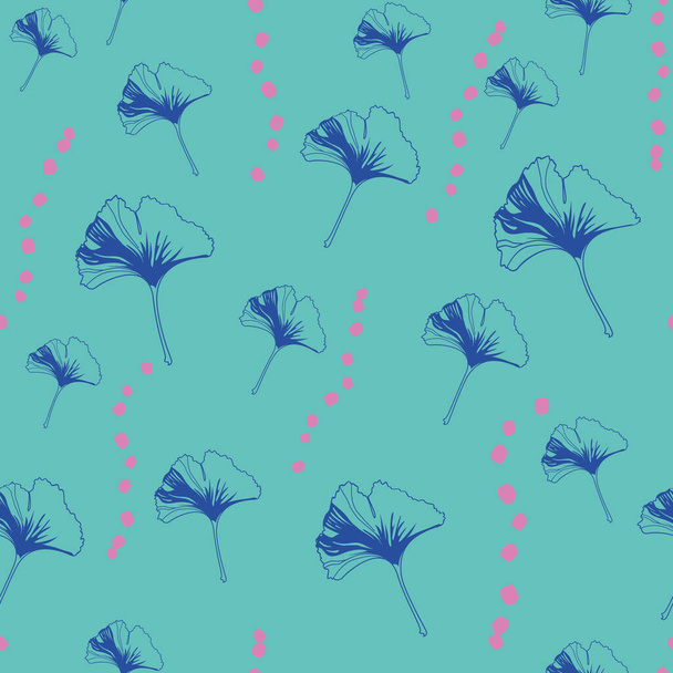 Vector naadloos patroon ginko wax met blauwe ginkgo bladeren, roze stippen - Vector, afbeelding