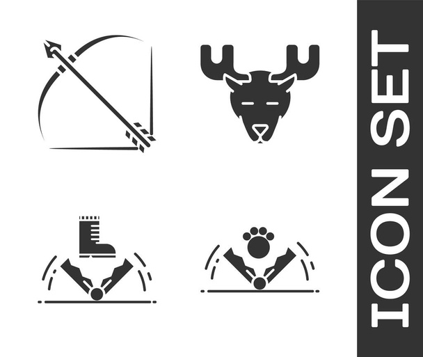 Ορισμός κυνήγι παγίδα, τόξο και βέλος σε φαρέτρα, κυνήγι παγίδα και Moose κεφάλι με κέρατα εικονίδιο. Διάνυσμα - Διάνυσμα, εικόνα