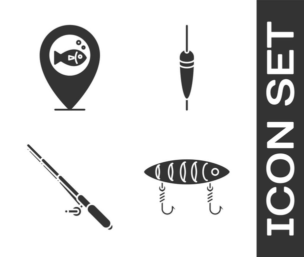Набор Приманка для рыбалки, Местонахождение рыбалка, удочка и Fishing float значок. Вектор
 - Вектор,изображение