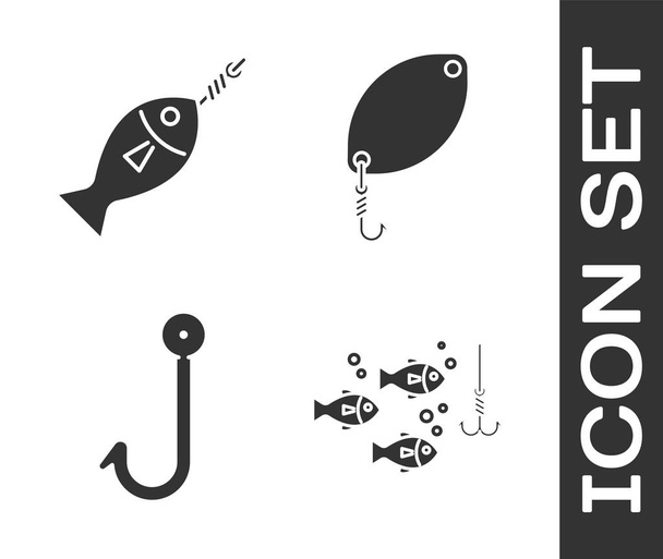 Set Vishaak onder water met vis, Vis aan haak, Vishaak en Vislepel icoon. Vector - Vector, afbeelding