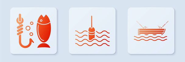 Set Fishing float in water, Fishing and Fishing boat with fishing rod on water. White square button. Vector - Вектор, зображення