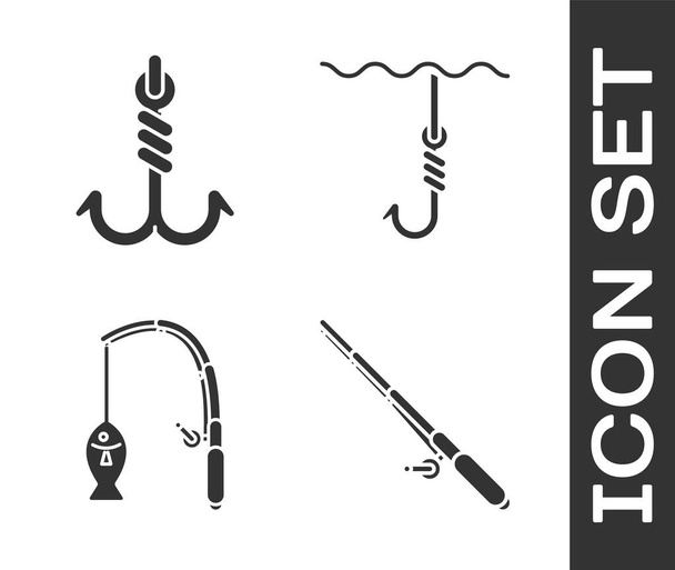 Set Caña de pescar, anzuelo de pesca, caña de pescar y anzuelo de pesca bajo el icono del agua. Vector
 - Vector, imagen