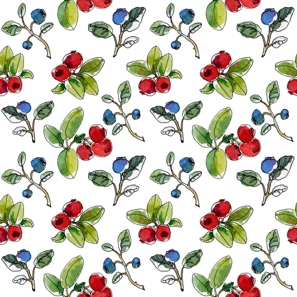 Colorful watercolor hand drawing berry seamless pattern. Ripe blueberry and cranberry. Delicious forest fruit illustration. Graphic ornament background. - Фото, зображення