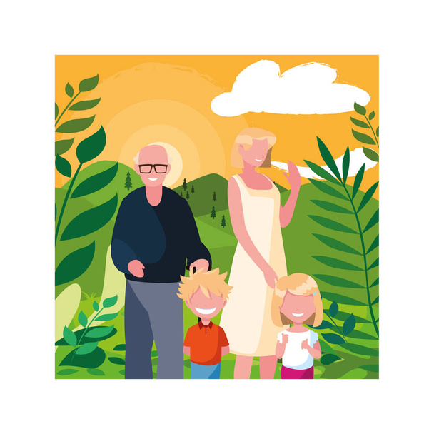 Büyükbaba, kadın ve çocuklar parkta birlikte yürüyorlar. - Vektör, Görsel
