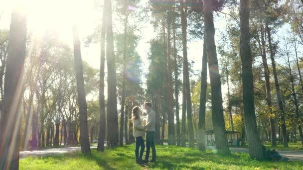 ζευγάρι ερωτευμένο στέκεται στο πάρκο και αγκαλιάζει με τα ίδια ρούχα. Ηλιακό φως, μεγάλα δέντρα - Πλάνα, βίντεο