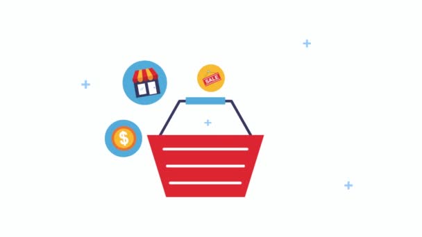 shopping basket with electronic commerce icons - Footage, Video