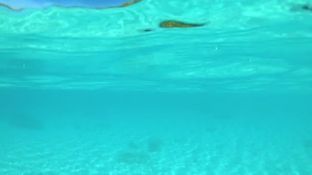 HALF UNDERWATER : Une eau turquoise spectaculaire entoure la plage de sable exotique. - Séquence, vidéo