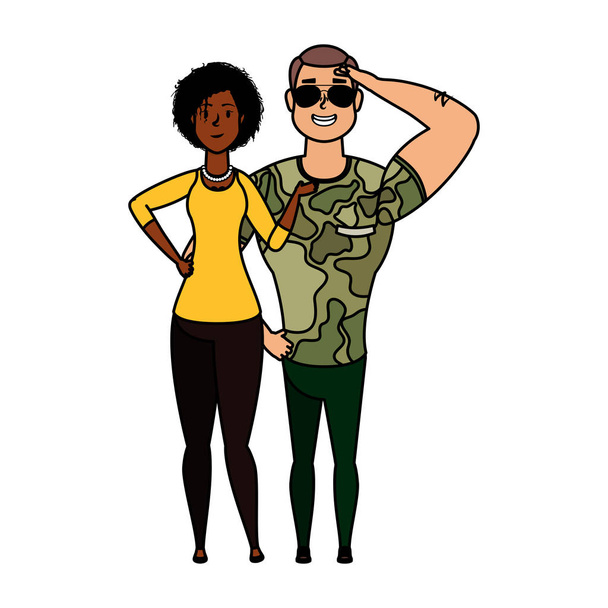 νεαρός στρατιωτικός με αφρο-γυναίκες χαρακτήρες - Διάνυσμα, εικόνα