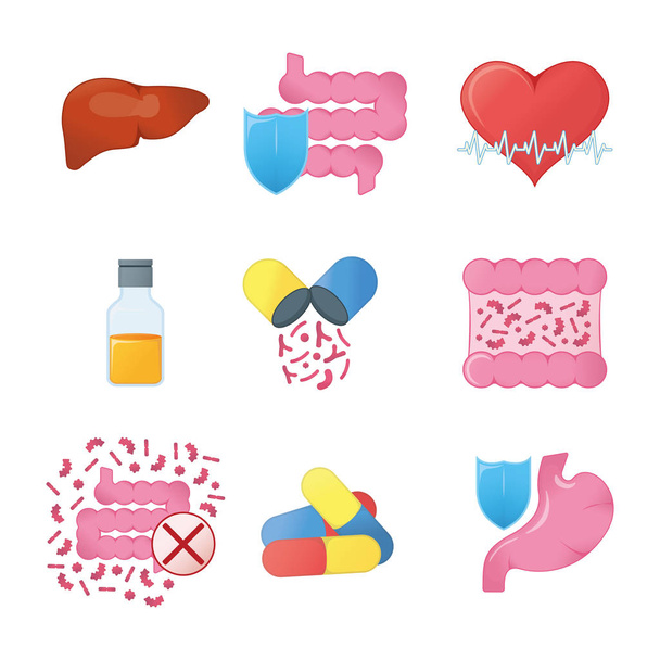 Set de Tracto Gastrointestinal. Concepto Icono y Etiqueta. Símbolo de Investigación en Salud, Icono e Insignia. Dibujos animados Vector ilustración
 - Vector, imagen