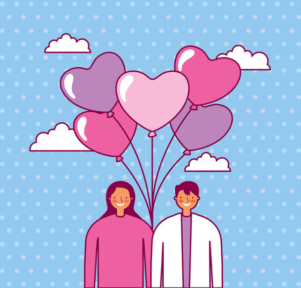 Valentýn oslava s párem a balónky helium - Vektor, obrázek