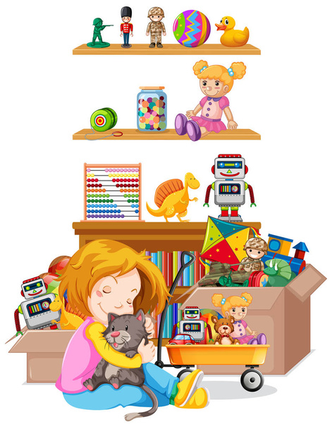 Estante lleno de libros y juguetes sobre fondo blanco - Vector, imagen