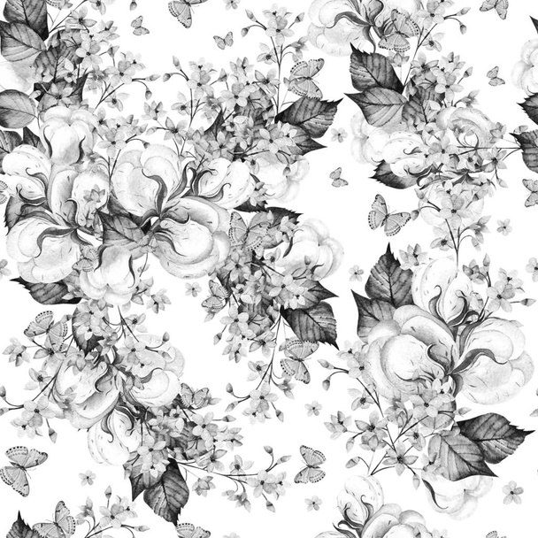 綿で美しい水彩シームレスパターンと私を忘れない花、蝶と葉.  - 写真・画像