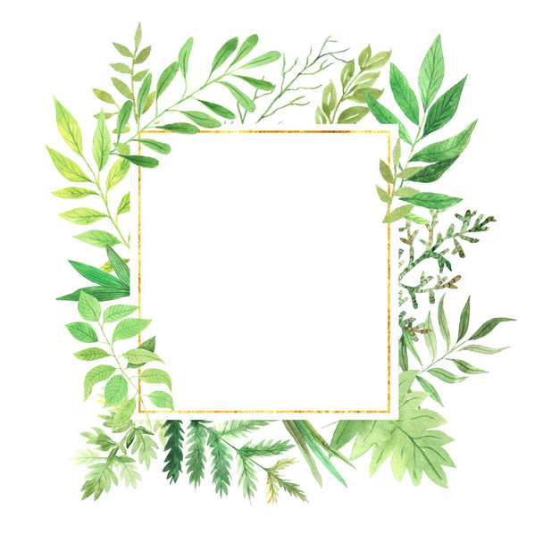 Watercolor geometric frame with green leaves - Foto, afbeelding