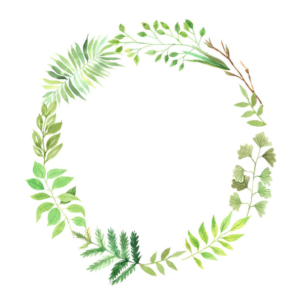 Watercolor round frame with green leaves - Photo, Image