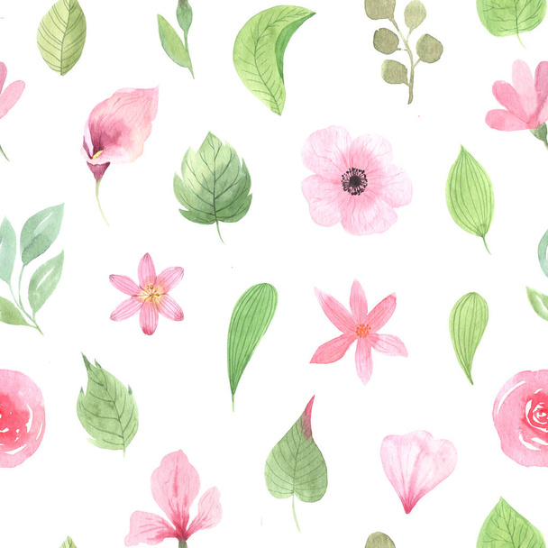 Seamless pattern with pink flowers and leaves - Foto, afbeelding