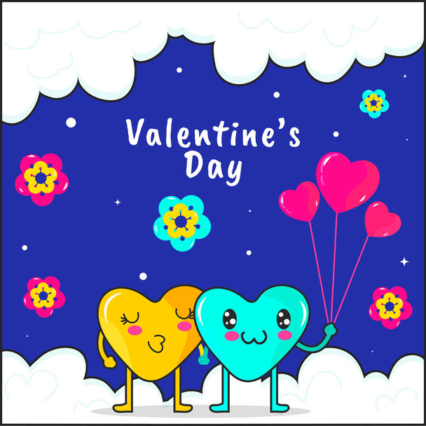 Cartoon Hearts Couple with Balloons and Flowers Decorated on Clo - Wektor, obraz
