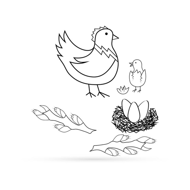 контурний великодній набір ізольований на білому, ескізна розмальовка, гніздо, новонароджена пташеня в оболонці яйця, верба, діти малюють художню лінію, наклейка векторна стокова ілюстрація
 - Вектор, зображення