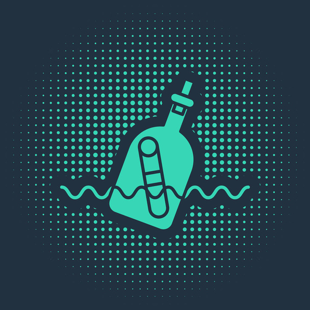 Green Glass bottle with a message in water icon isolated on blue background. Letter in the bottle. Pirates symbol. Abstract circle random dots. Vector Illustration - Vector, Image