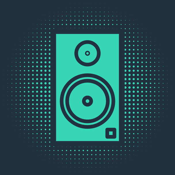 grünes Stereo-Lautsprechersymbol isoliert auf blauem Hintergrund. Soundsystem-Lautsprecher. Musik-Ikone. Musiksäule Lautsprecher Bass Ausrüstung. abstrakte Kreis zufällige Punkte. Vektorillustration - Vektor, Bild