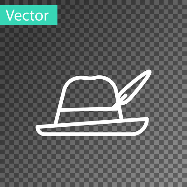 White line Oktoberfest hat icon isolated on transparent background. Hunter hat with feather. German hat. Vector Illustration - Vector, Image