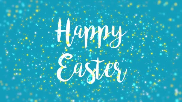 Błyszczące Happy Easter kartka powitalna animacja wideo z odręcznie napisanym tekstem i kolorowe cząsteczki brokatu migoczące na niebieskim tle. - Materiał filmowy, wideo