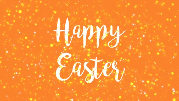 Sparkly Happy Easter greeting card video animation with handwritten text and colorful glitter particles flickering on orange background. - Footage, Video
