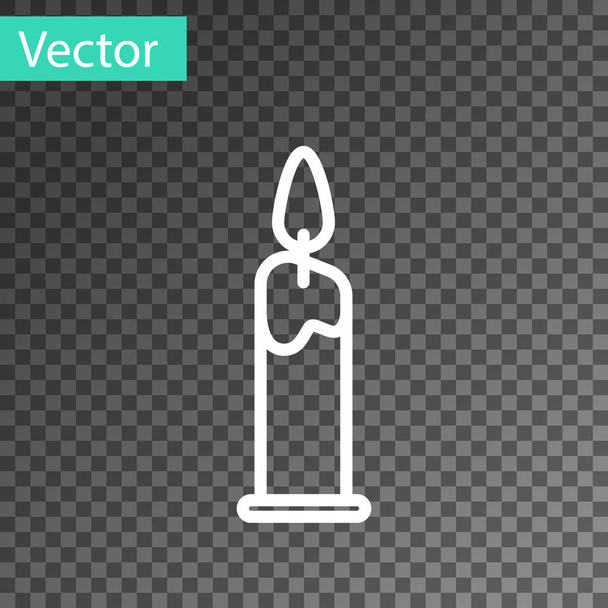 White line Burning candle in candlestick icon isolated on transparent background. Cylindrical candle stick with burning flame. Vector Illustration - Vector, Image