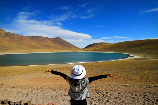 Turista femminile che alza le braccia ammirando la straordinaria laguna blu Laguna Miniques, situata nell'altipiano della regione di Antofagasta, Cile
 - Foto, immagini