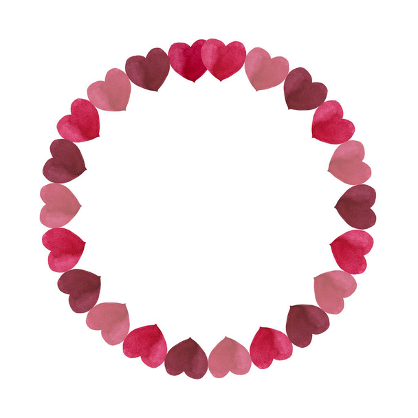 Round frame of simple red hues hearts. Romantic decoration. Symbol of Valentine's Day. Watercolor hand painted elements isolated on white background. - Φωτογραφία, εικόνα
