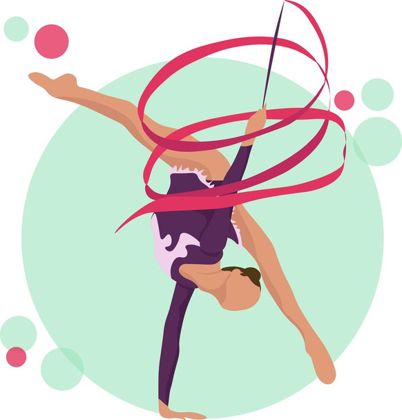 Mladá dívka rytmické gymnastiky s pruhem vektorové ilustrace. Trénink silové gymnastiky. Mistrovství cvičení rytmická gymnastika krásný charakter.Ženy akrobatické gymnastika, byt - Vektor, obrázek