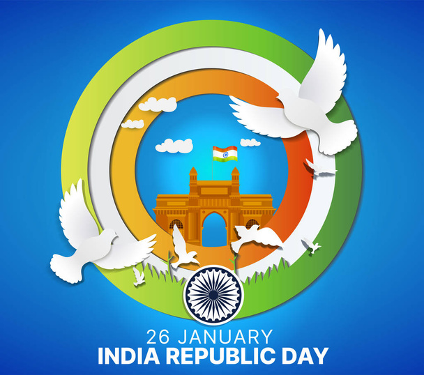 Estilo de corte de papel del 26 de enero feliz día de la república de la India vector fondo cartel creativo con bandera india, puerta de la India y aves
 - Vector, imagen