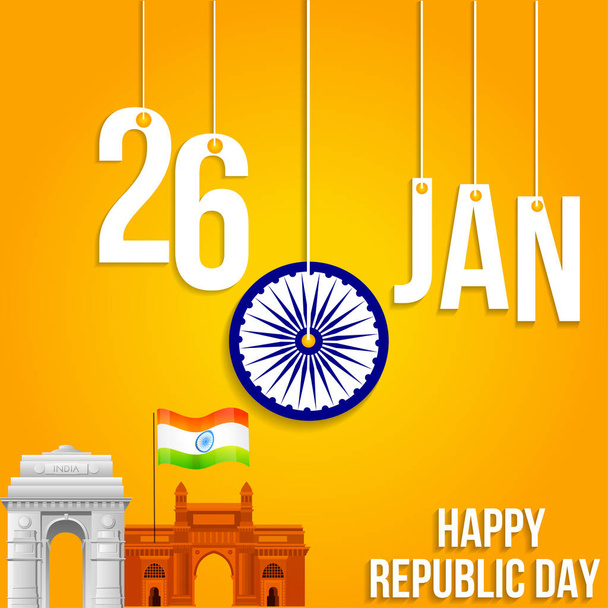απεικόνιση της 26ης Ιανουαρίου ευτυχισμένη ημέρα της Δημοκρατίας της Ινδίας διάνυσμα δημιουργικό φόντο αφίσα με ινδική σημαία και πύλη της Ινδίας και της Ινδίας πύλη. - Διάνυσμα, εικόνα